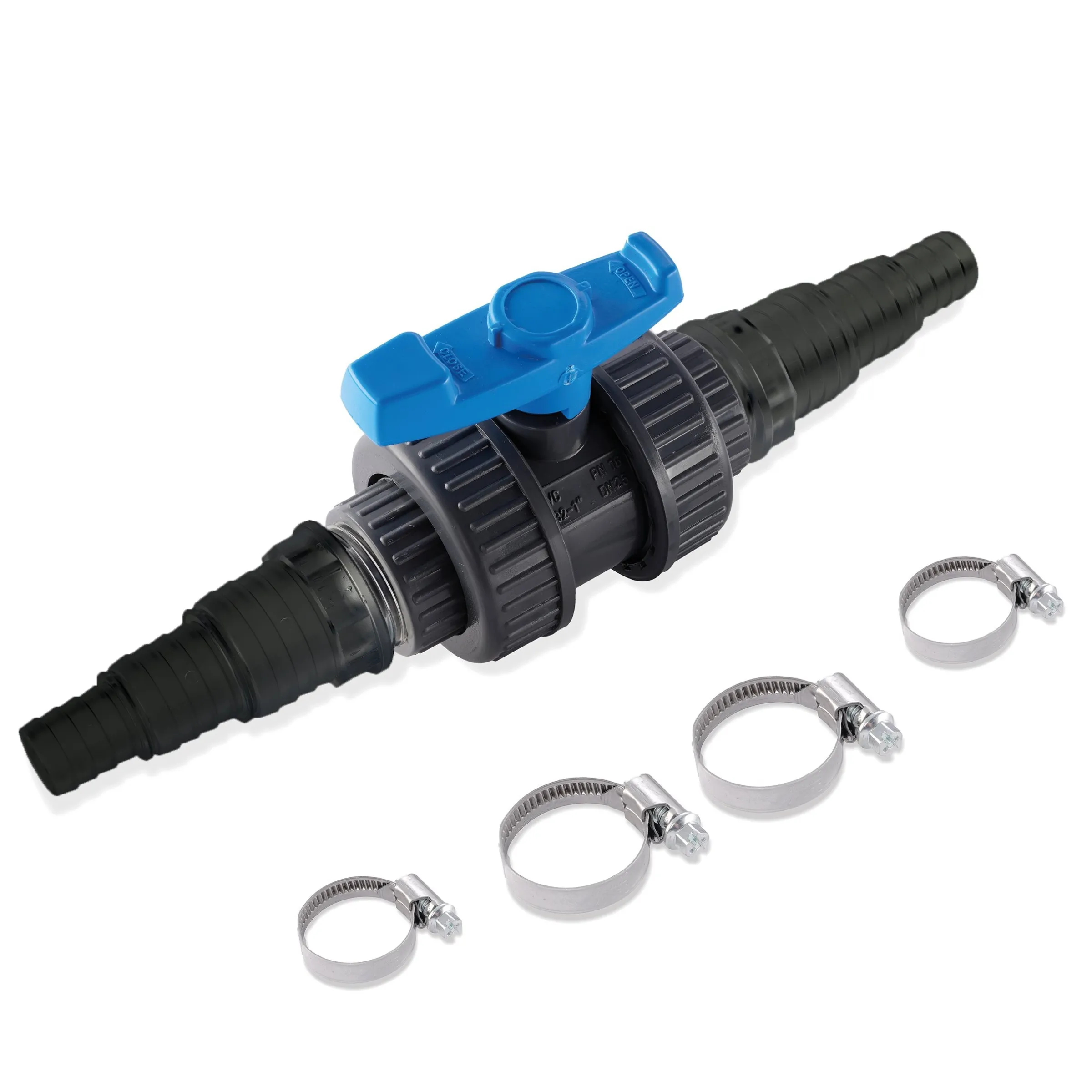 Kugelkopfhahn 19,25 und 32 mm, inkl. 4 Schlauchschellen