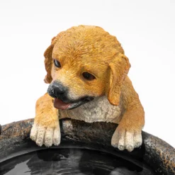 Solarbrunnen Hundewelpen Milo und Buddy am Brunnen mit LED Licht
