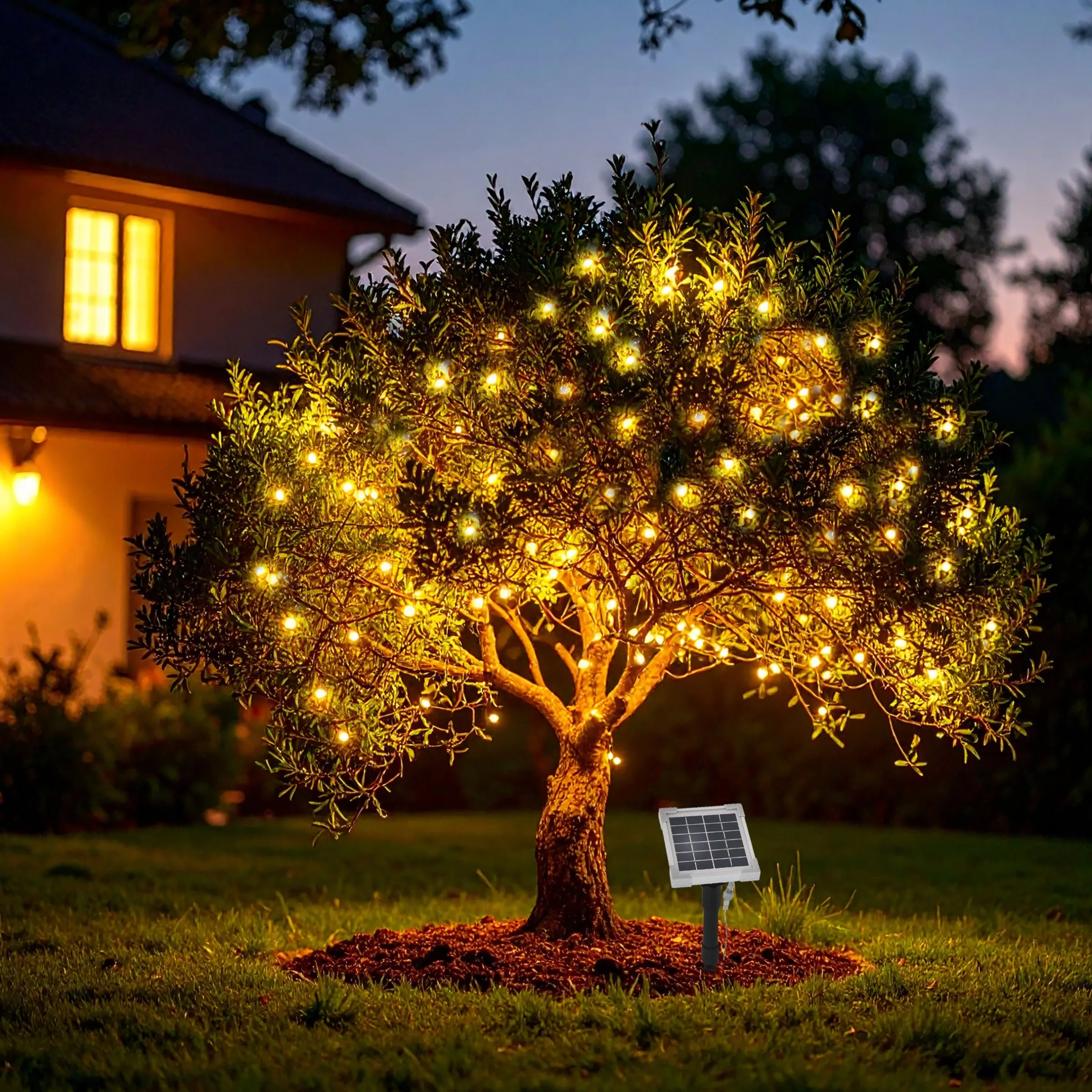 Solar Lichterkette mit 200 warmweißen LEDs und transparenten Kabel