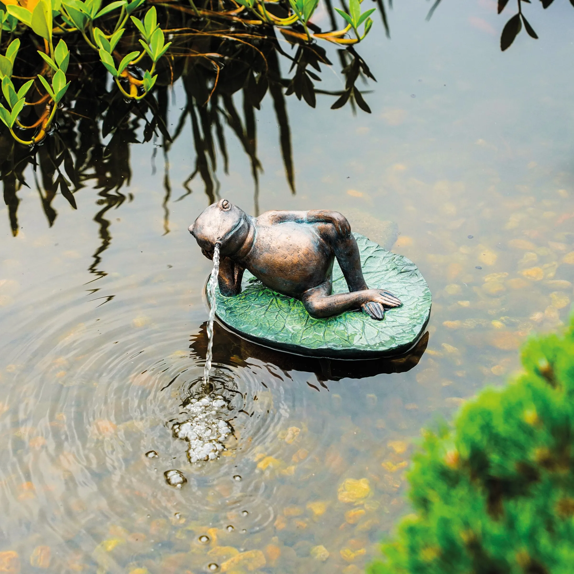 Solar Wasserspeier-Set Frosch seitlich liegend auf Seerose